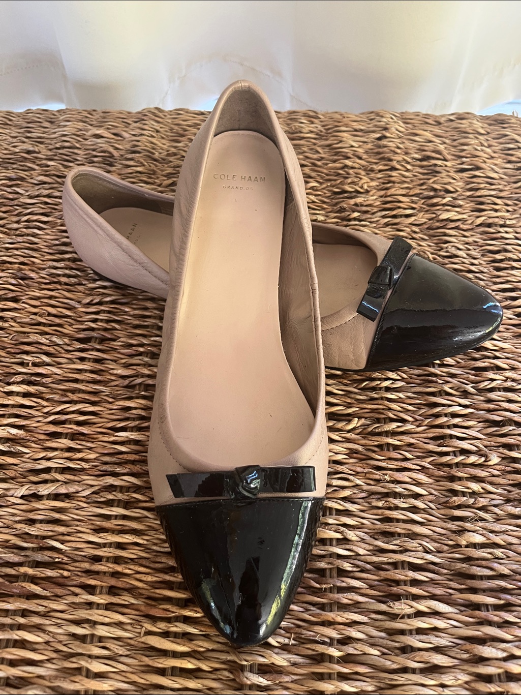 Cole Haan Two-Tone Beige And Black Patent Cap-Toe Flats